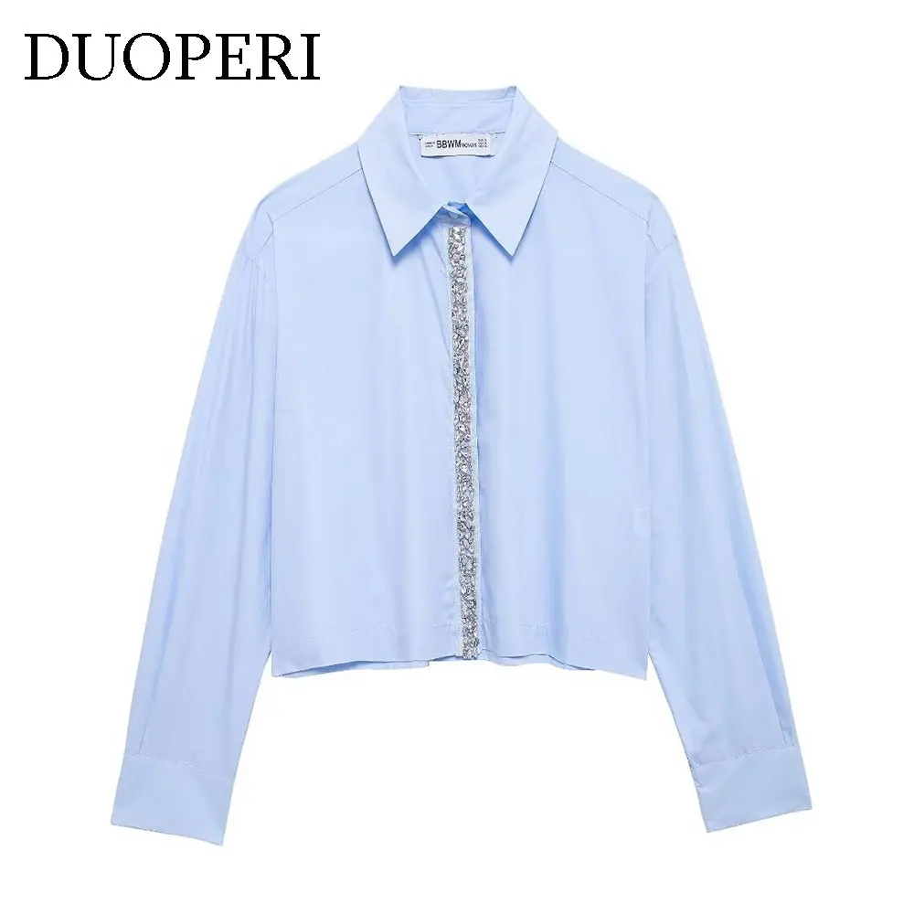 DUOPERI Moda donna con diamanti Camicetta blu Collo con risvolto Maniche lunghe Camicie casual da donna chic femminili