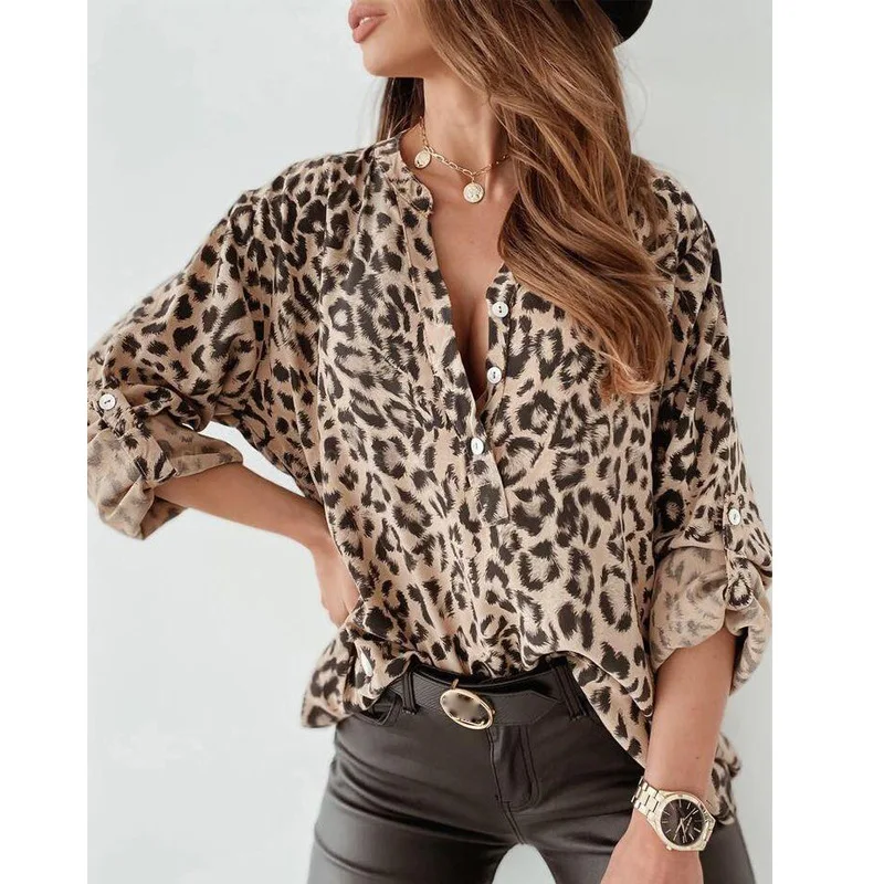 Women's autumn printed leopard print sexy long sleeved button up shirt