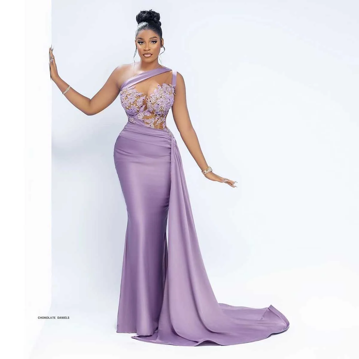 Elegant African Lilac Mermaid Prom Dresses One Shoulder Applique Asoebi Style Wedding Guest Dress Africa Women Formal Party Gown