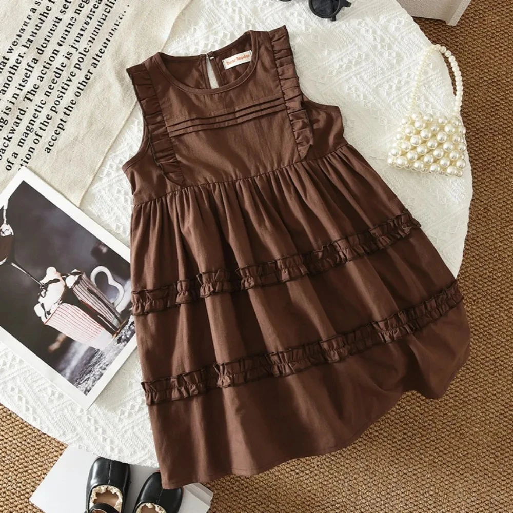 Korean Version Summer New Brown Round Neck Sleeveless Lace Princess Dress for Girls Aged 3-7 Casual Wear
