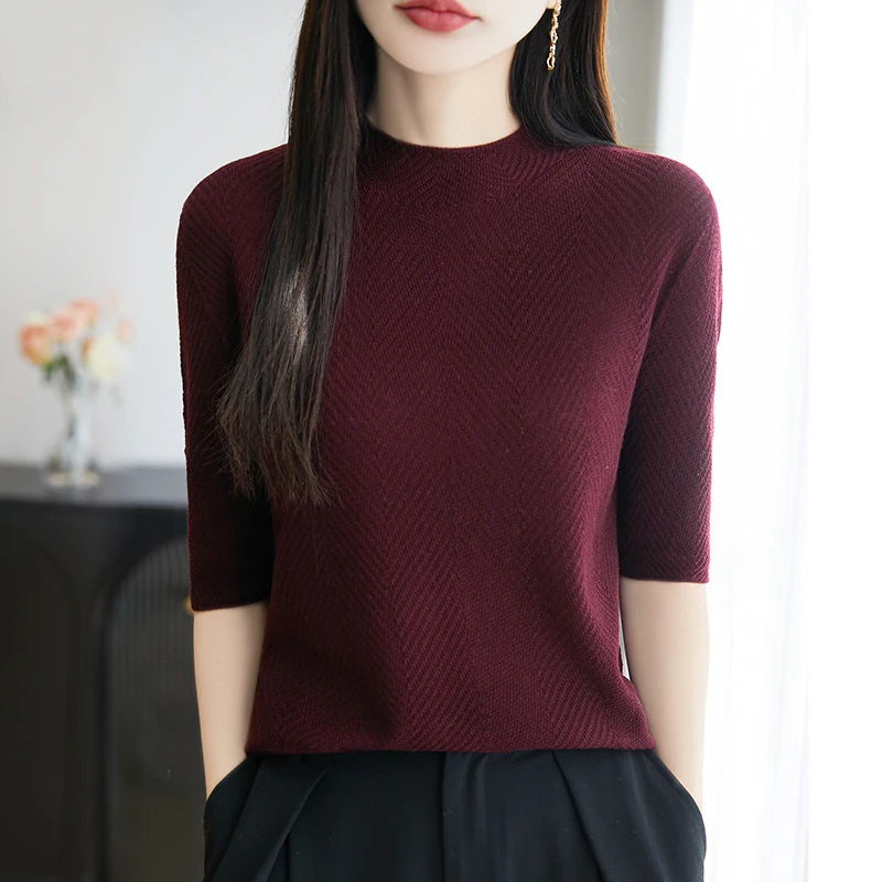 

Advanced Wool Five-Sleeve Slim Sleeve Bottom Shirt Sweater Jacket Summer Semi-high Neck Knitted Wear