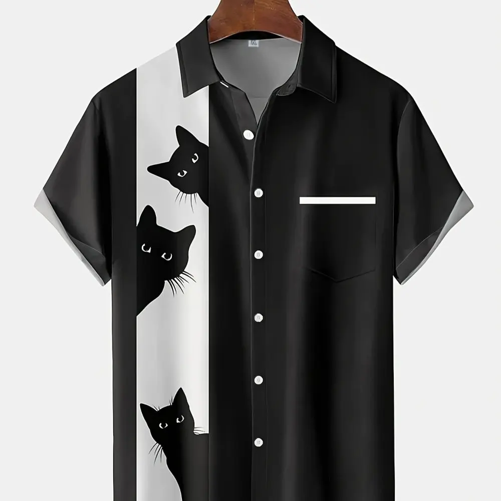 Chemise imprimée de dessin animé de chat] grande taille impression numérique 3D dessin animé amusant chemise à manches courtes pour hommes chemise de vacances hawaïenne de mode
