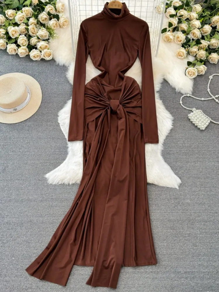 Autumn Solid Long Sleeve Party Dress for Women Sexy Bodycon Stand Collar Evening Dresses Bow Bandage Pleated Slim Waist Vestidos