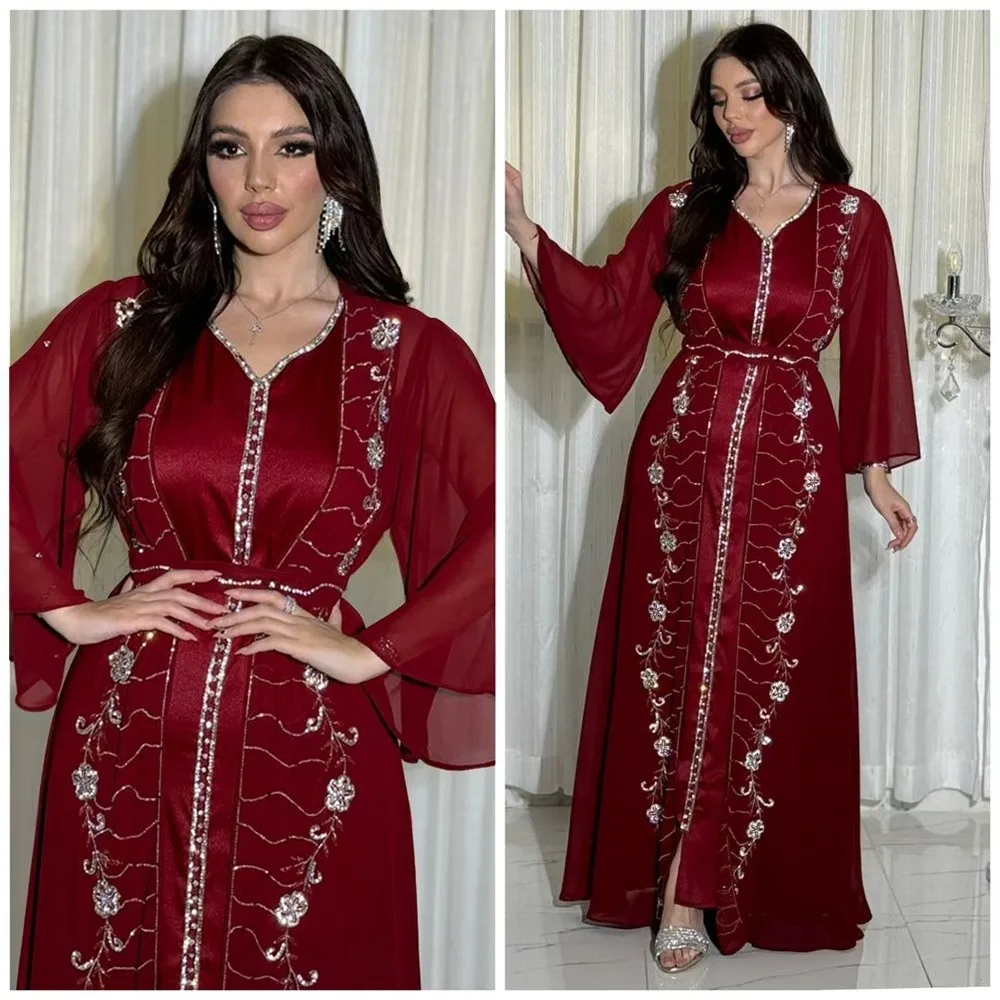 Elegant Muslim Set Party Dubai Long Sleeves Chiffon Rhinestone Cardigan Dress Vest 2ps Arab V-Nack Dress Set