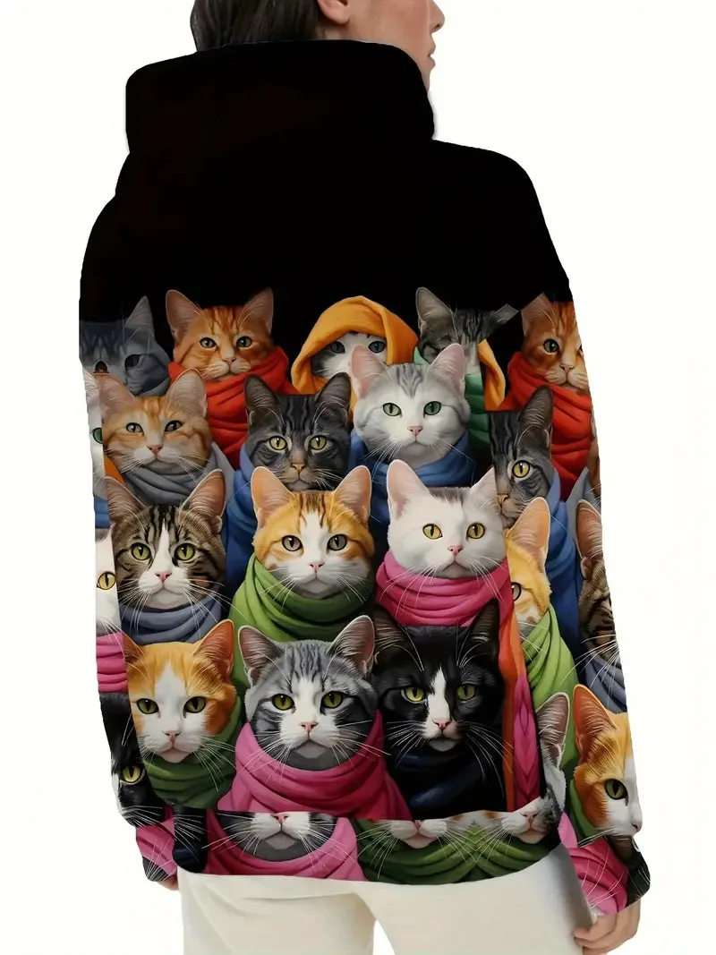 Unisex Cat Print Hoodie Casual Pullover Sweatshirt Festive Fashion Loose Streetwear Hooded Pullover