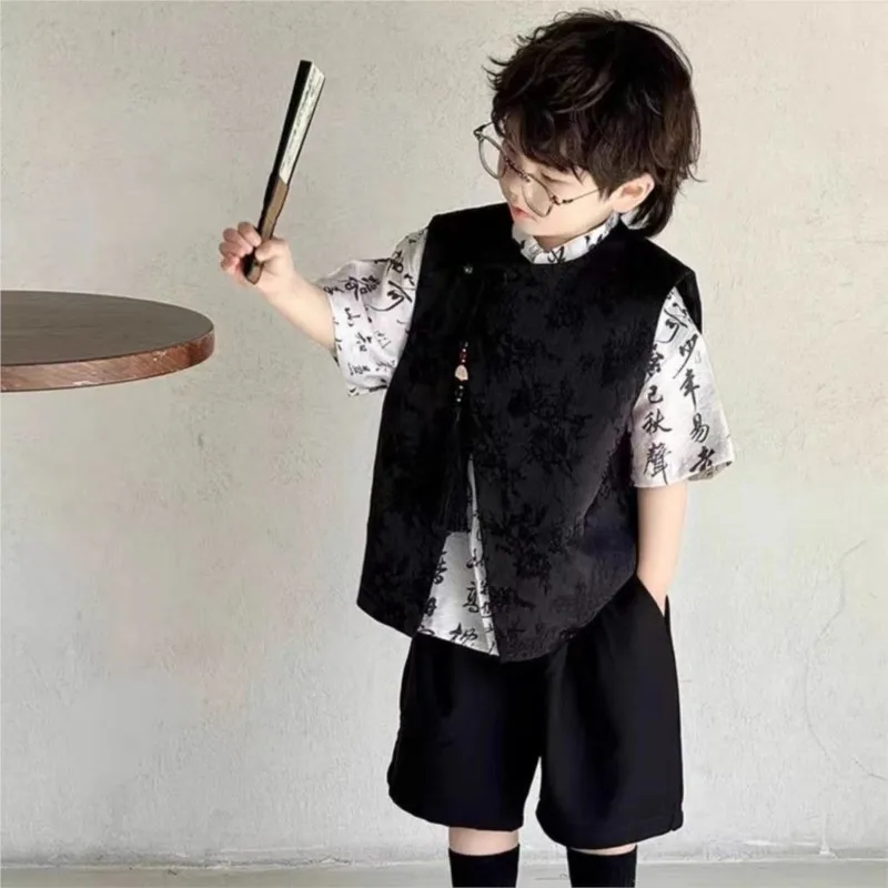 Children's Summer Vest Shirt Pants 3-Piece Set Boys' 2026 New Breathable Short Sleeve Buckle Shirt Costume Performance LJ692