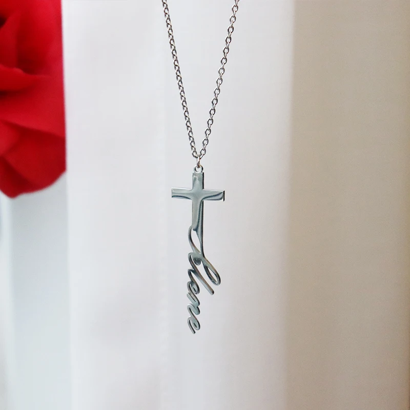 Custom Name Necklace Cross Pendant Stainless Steel Cut Personalized Christian Nameplate Jewelry Women's Mother's Day Gift