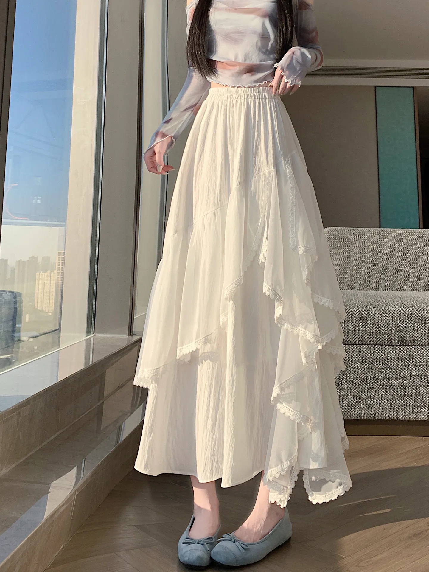 

Весенняя модная женская юбка-трапеция с высокой талией, асимметричная, средней длины, в корейском стиле, многоярусная юбка-солнце