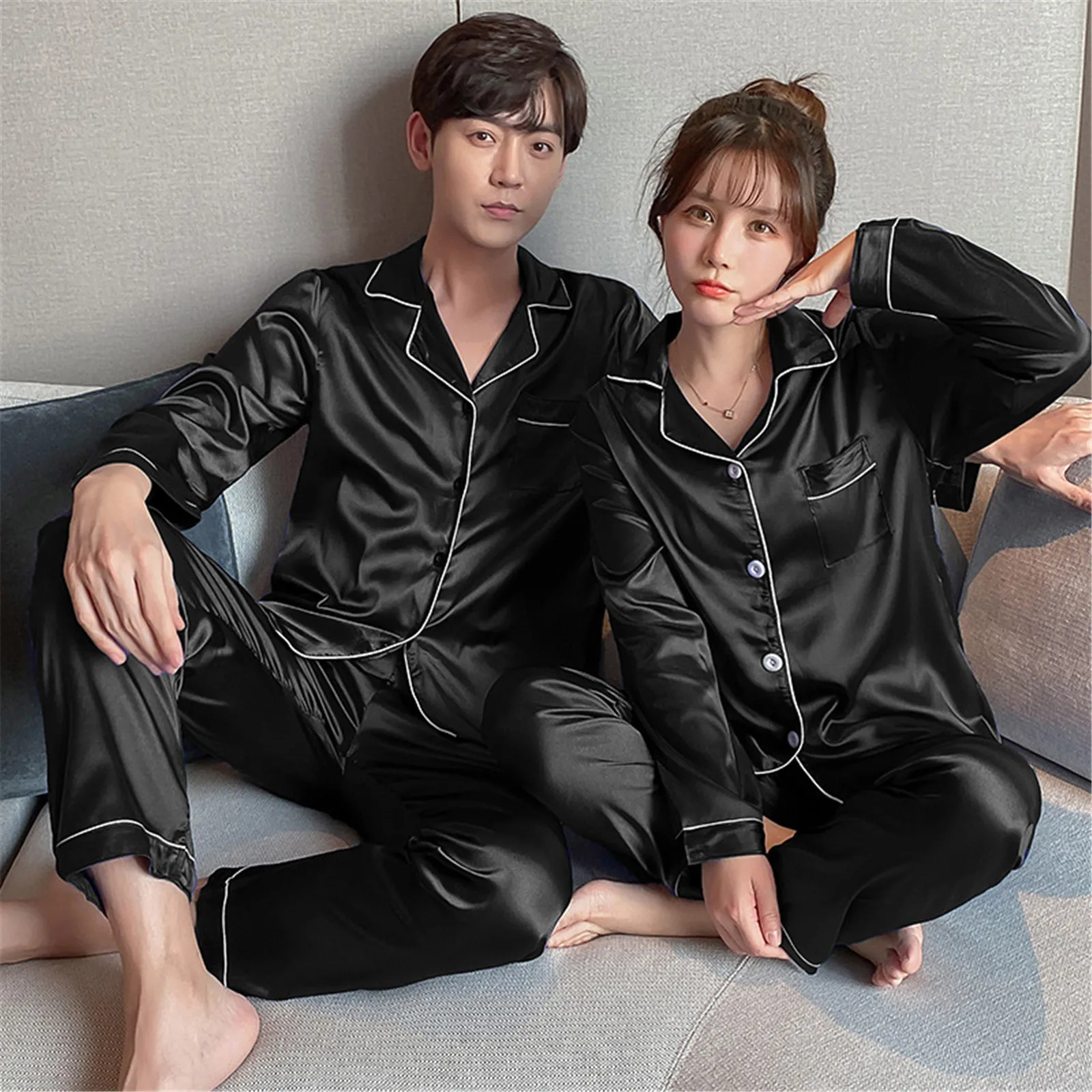 Men&Women Casual Satin Pajama Sets Luxury and Exquisite Long Sleeve Blouse Button Silk Satin Two Piece Sleepwear Suit Pant