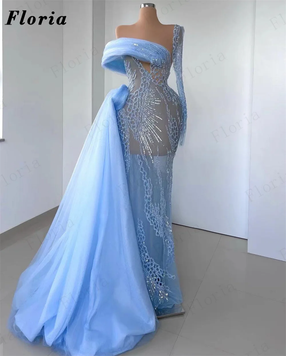 Arabic Sky Blue Beading Prom Dresses For Women 2023 Vestidos De Noche Crystals Illusion Evening Dress Dubai Wedding Party Gowns