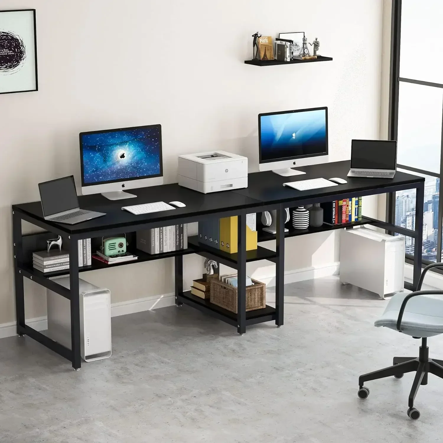 Tribesigns Two Person Desk with Bookshelf, 78.7 Computer Office Double Desk for Two Person, Rustic Writing Desk Workstation with