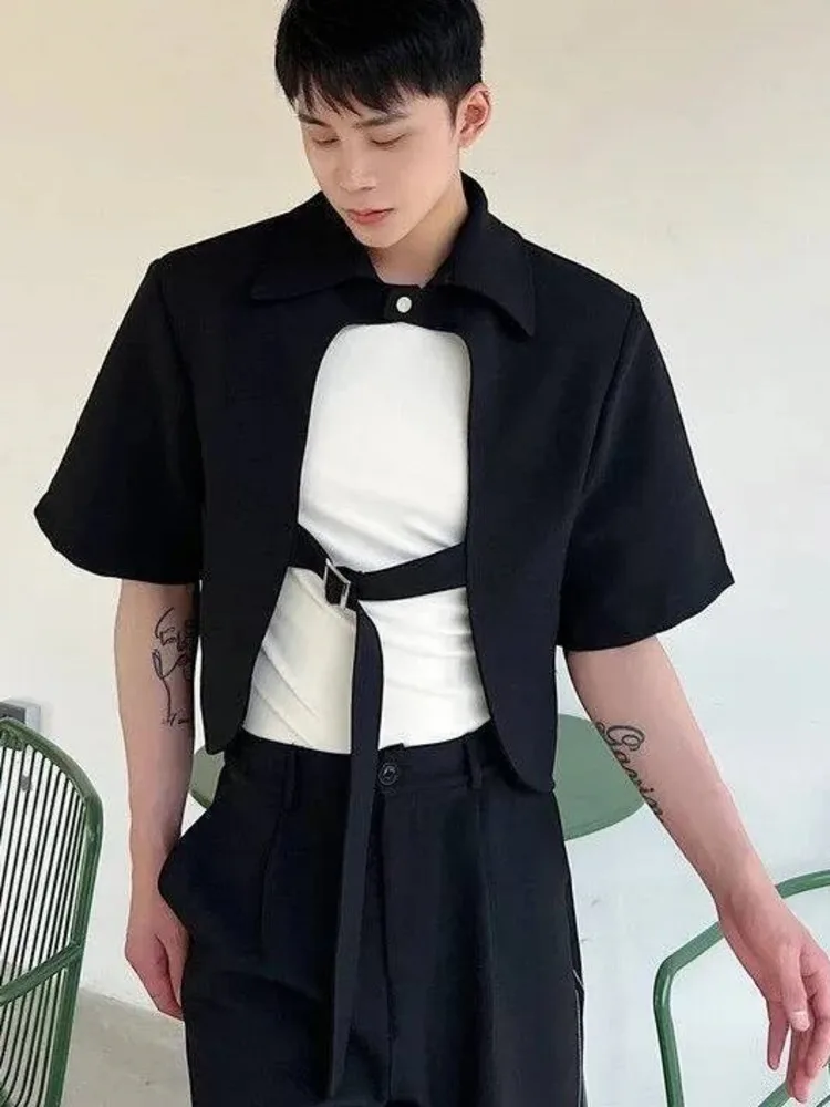 Niche Hollow Out Design Men's Short Sleeve Shirt With Buckle Strap Trendy Half Sleeve Top Summer Fashion New A7H0