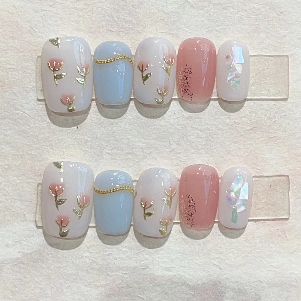 10Pcs Pink Handmade Press on Nails Full Cover Cute Flower Sweet Summer Short French Ballerina False Nails Manicure Nail Tips Art