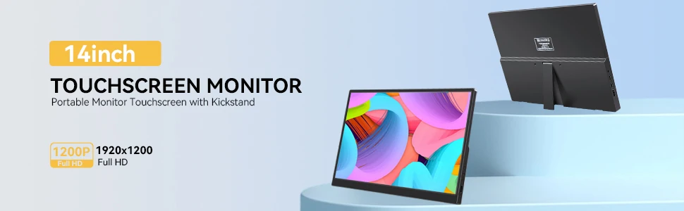 14-inch touchscreen monitor with 1920x1280 Full HD resolution. Shows colorful display and detachable design for portable use.