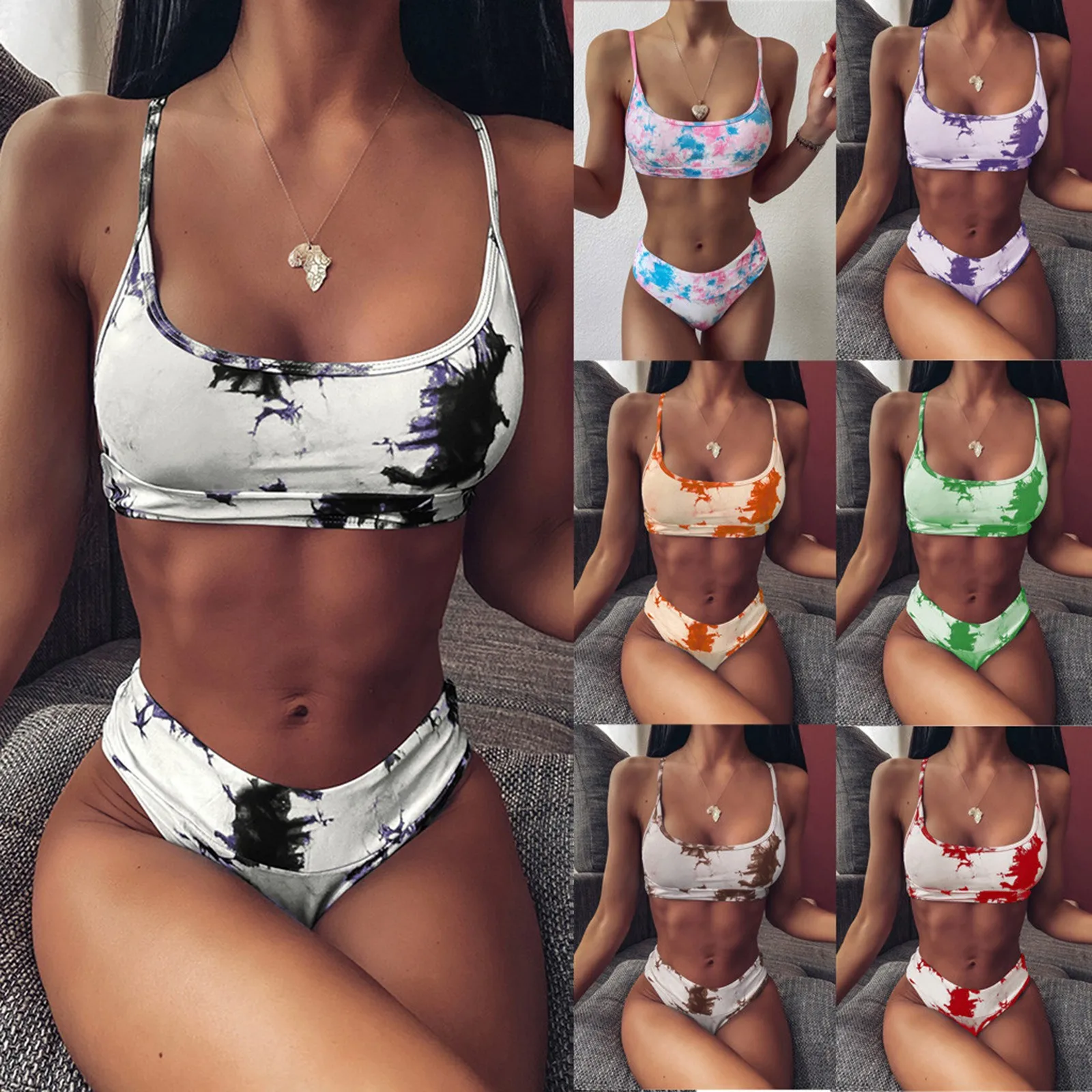 Conjunto de biquíni tie dye split para mulheres push up embrulhado no peito, roupa de banho brasileira, suspensor feminino, roupa de praia sexy