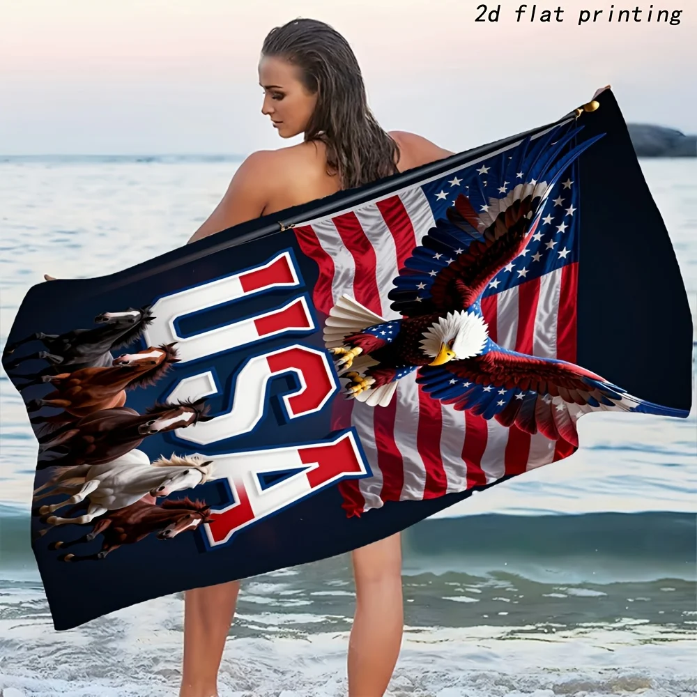 USA Patriotic Bald Eagle Horse American Flag Beach Towel Large Microfiber Absorbent Quick‑Dry Sand Proof Bath Towel 4th Of July
