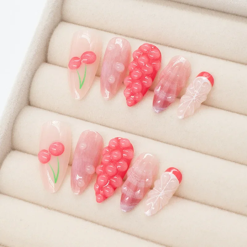 

24PCS Almond Press on Nails Aqua Green 3D Cherry Shell False Nails Sweet Fresh Summer French European American Design Fake Nails