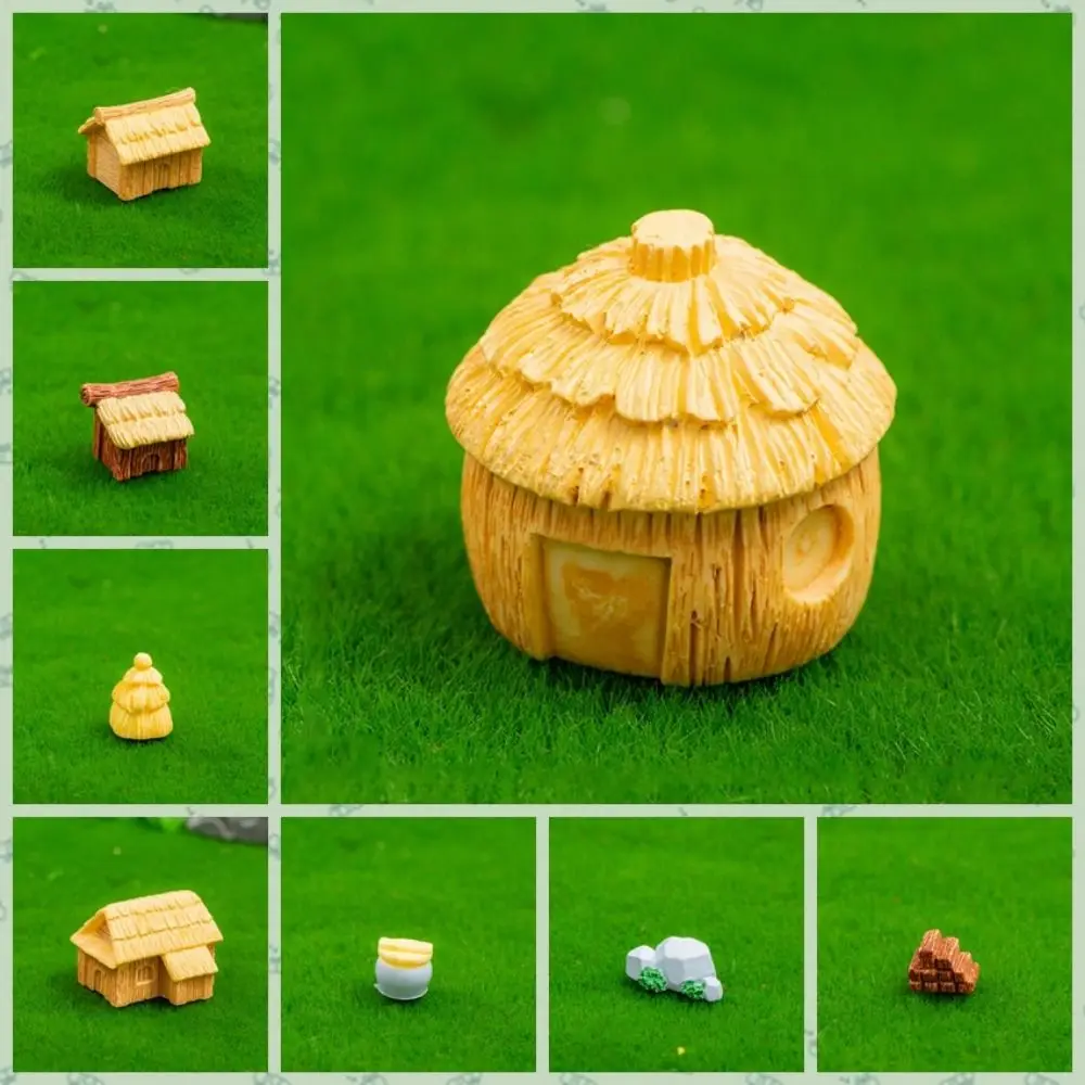 Mini Thatched Cottage Micro Landscape Rural Style Decorative Mini Village Houses Resin Small House Statue For Home Decoration