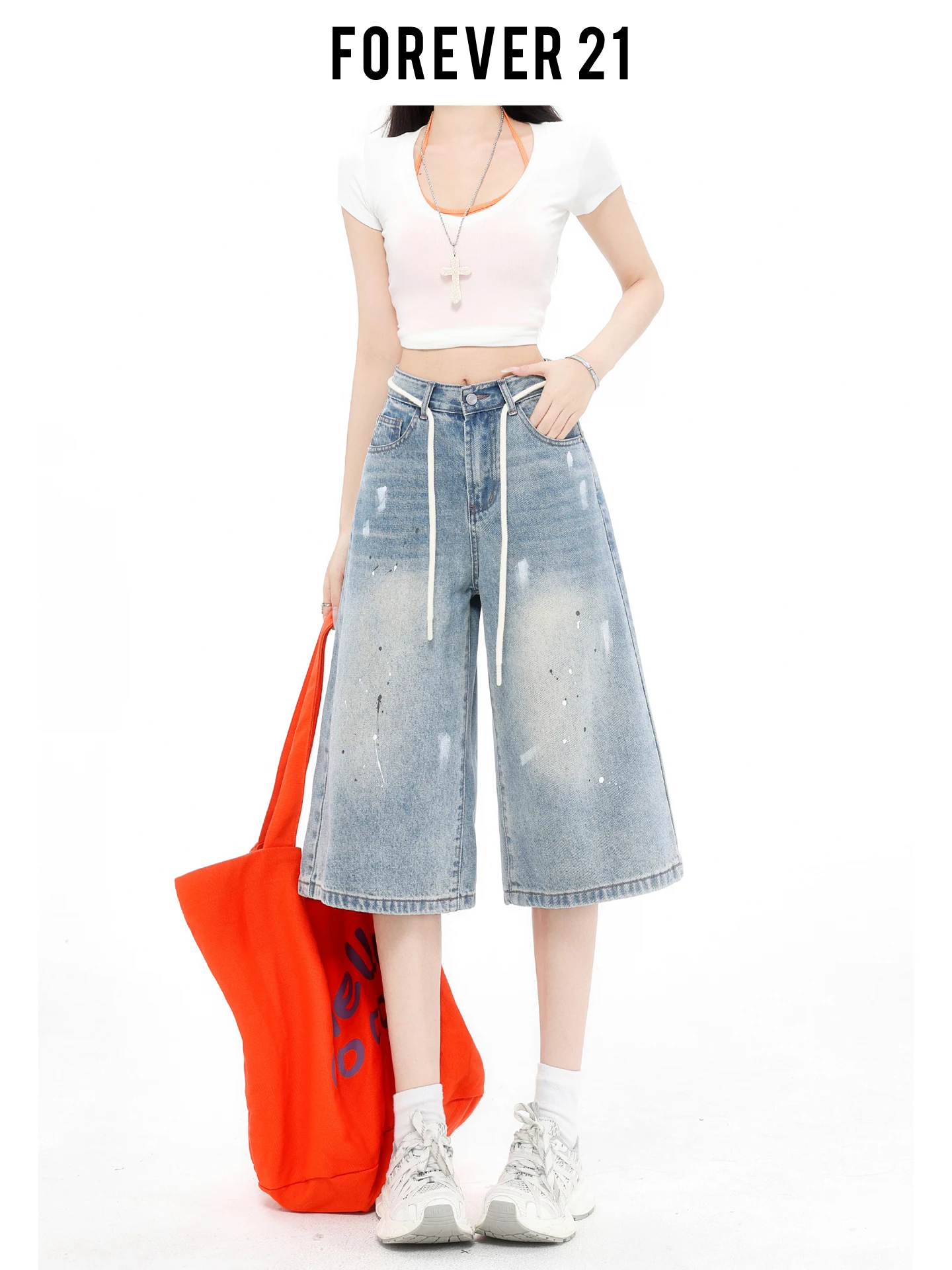Jeans Azules de Cintura Alta y Pierna Ancha Forever 21 para Mujer, Corte Recto, Estilo Desgastado, Pantalones de Siete Puntos, Ropa Casual