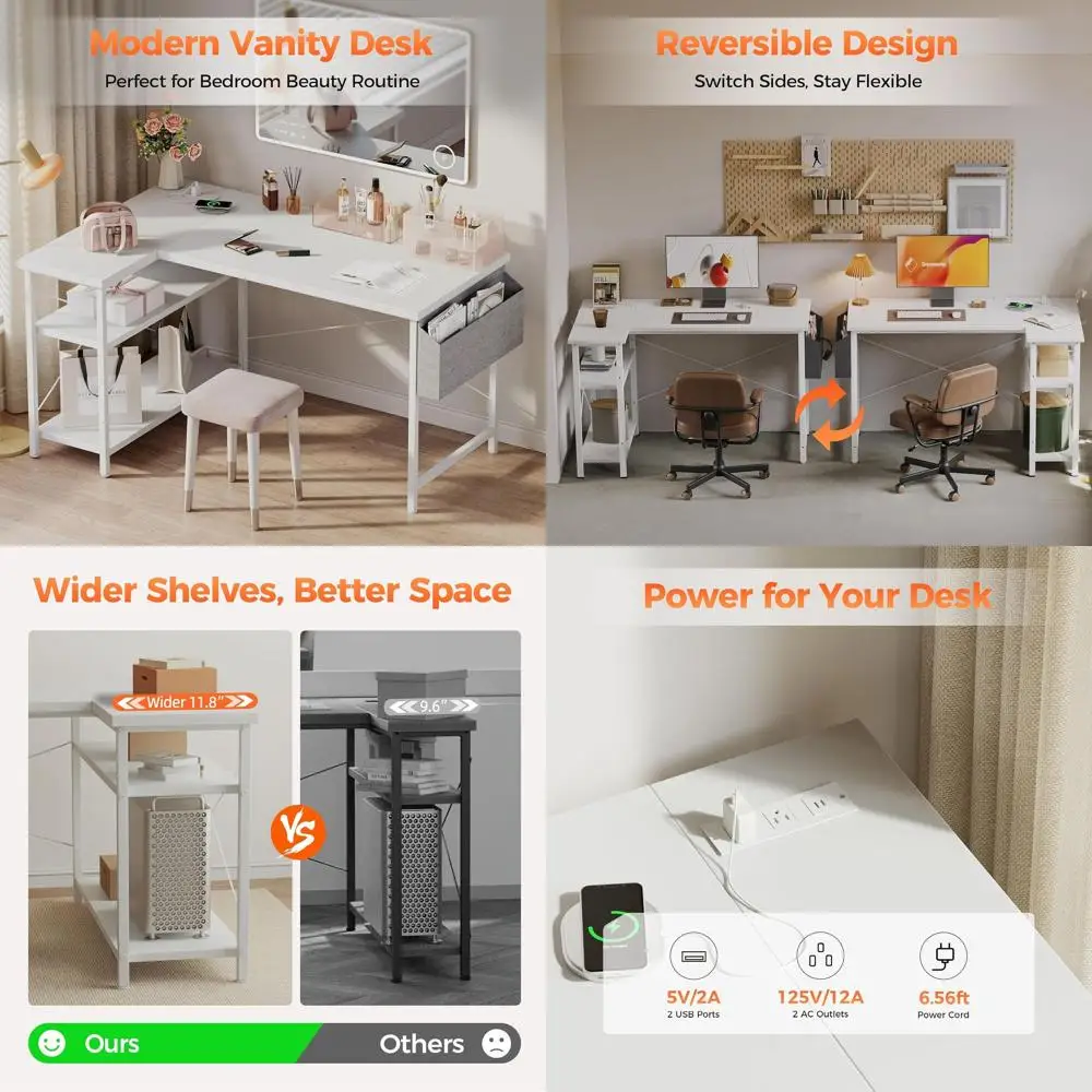 

Compact Corner Gaming Desk with Power Outlets, Space-Saving L-Shaped Desk for Home Office and Study, Reversible Shelves Included