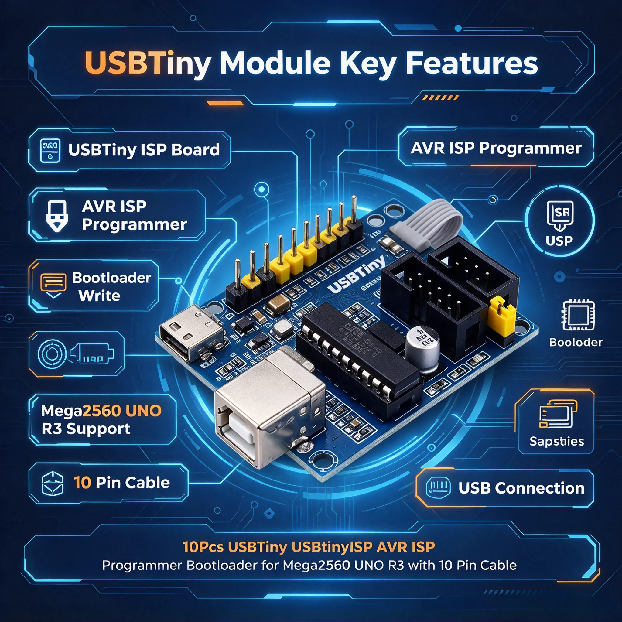 10Pcs USBTiny USBtinyISP AVR ISP Programmer Bootloader for Mega2560 UNO R3 with 10 Pin Cable