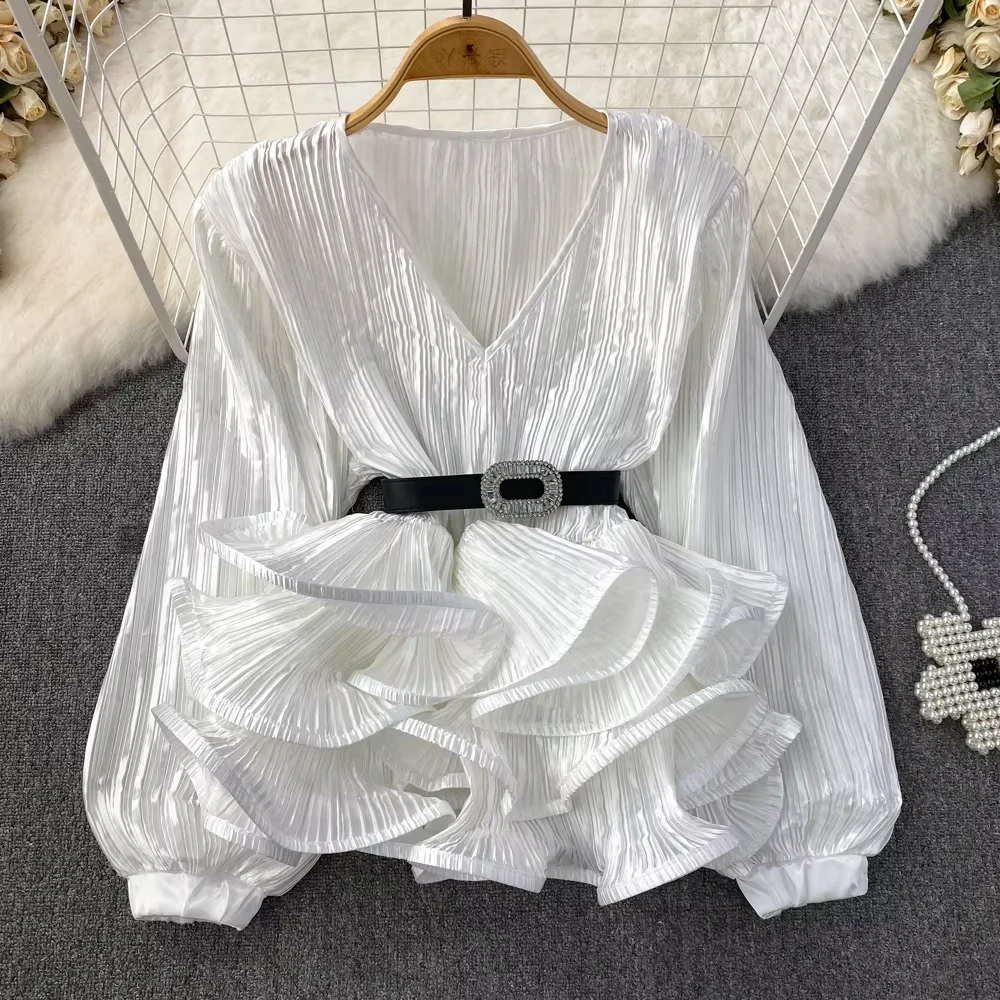 2026 Blusas Mujer De Moda Temperament Blouses Women Lantern Sleeve V-neck Slim Waist Shirts Folds Ruffles Vintage Blouse Tops
