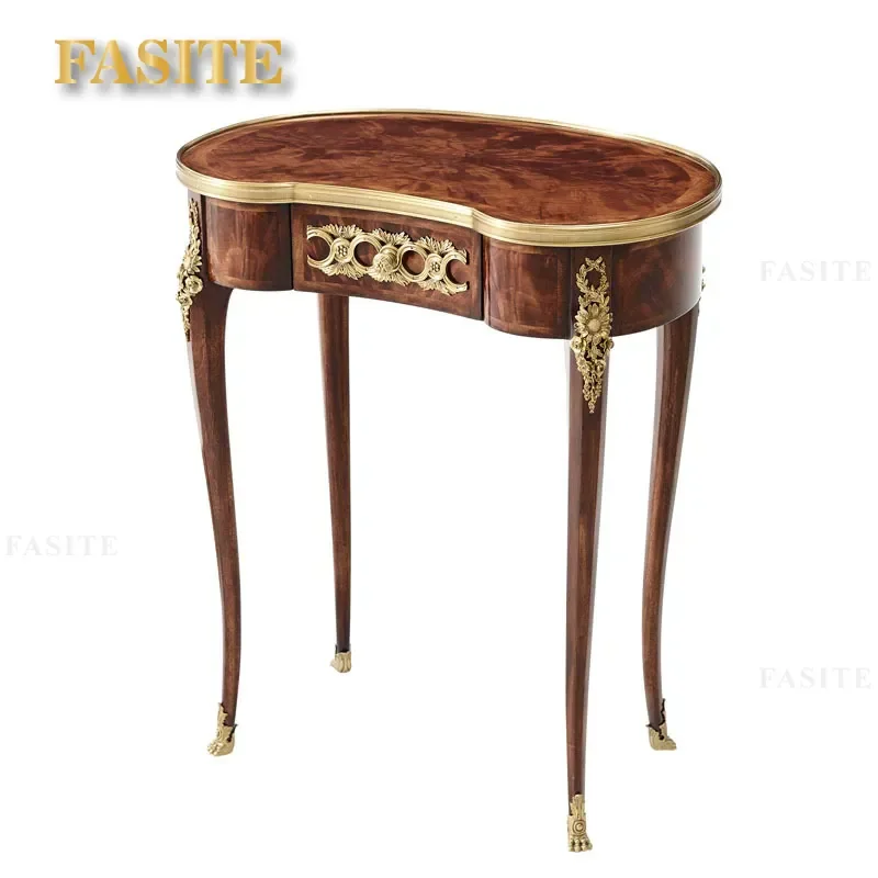 For European Villa Furniture Solid Wood Mahogany British Neoclassical Flower Carved Copper Edge Small Special Shaped Court
