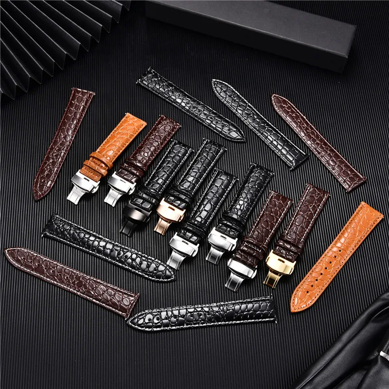 Crocodile Pattern Business Casual Black Brown Genuine Leather Watch Band Butterfly Buckle Bracelets 18mm 20mm 22mm 24mm Straps