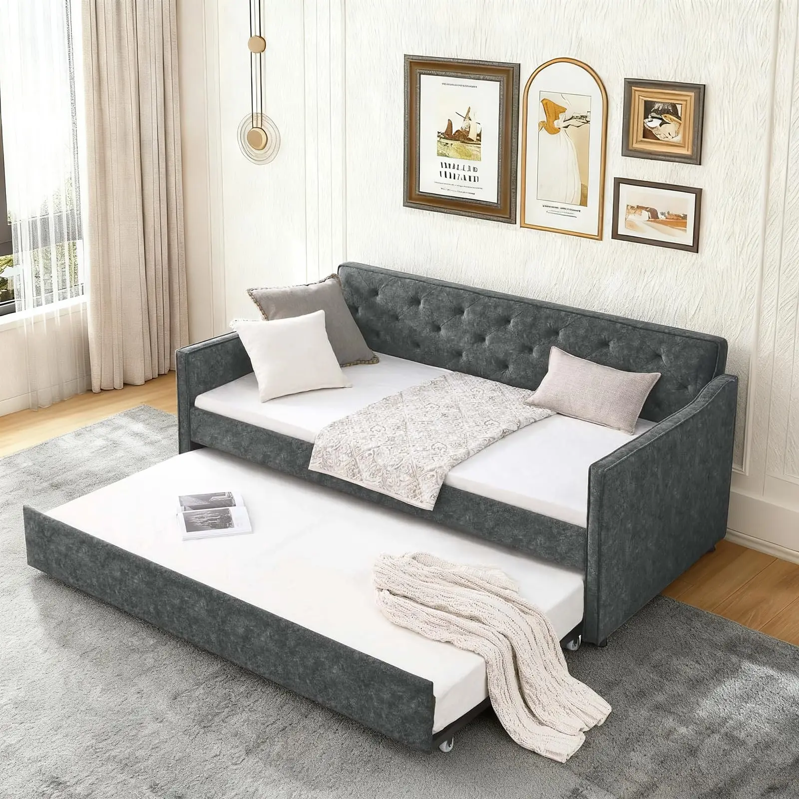 Twin Daybed with Pop Up Trundle,Twin to King Size Pull-Point Tufted Sofa Day Bed Frame with Trundle Mid-Century Style