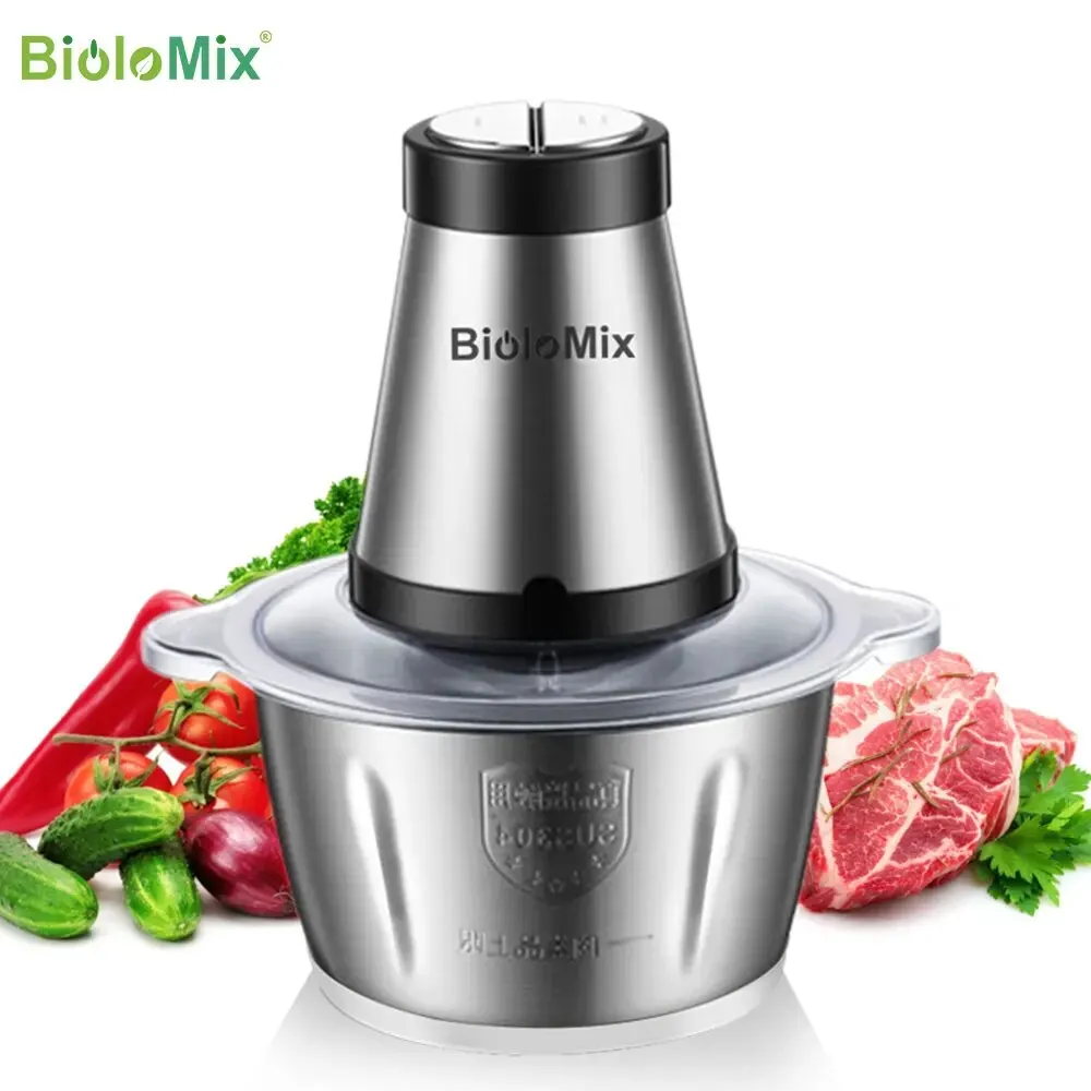 BioloMix, 2 velocidades, 500W, acero inoxidable, capacidad de 2L, picadora eléctrica, picadora de carne, procesador de alimentos