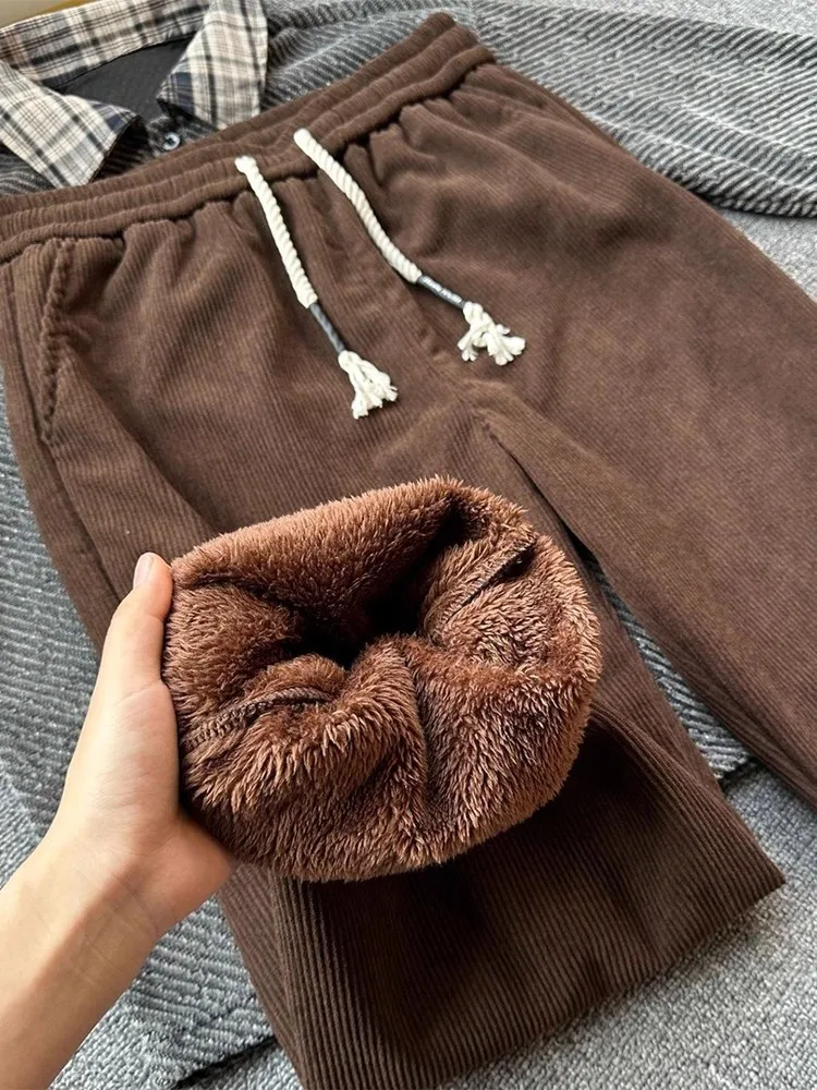

Extra Thi Lamb Velvet Cotton Pants Men's Autumn Winter Fce Lined Warm Cold Resistant Outdoor Wear Straight Leg Pants