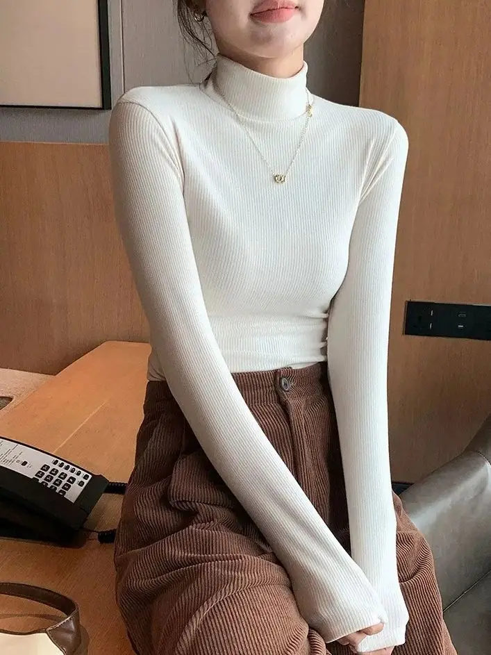 

Женский вязаный пуловер с полуводолазкой, элегантный корейский модный топ с длинными рукавами, облегающий термоджемпер, повседневный трикотаж