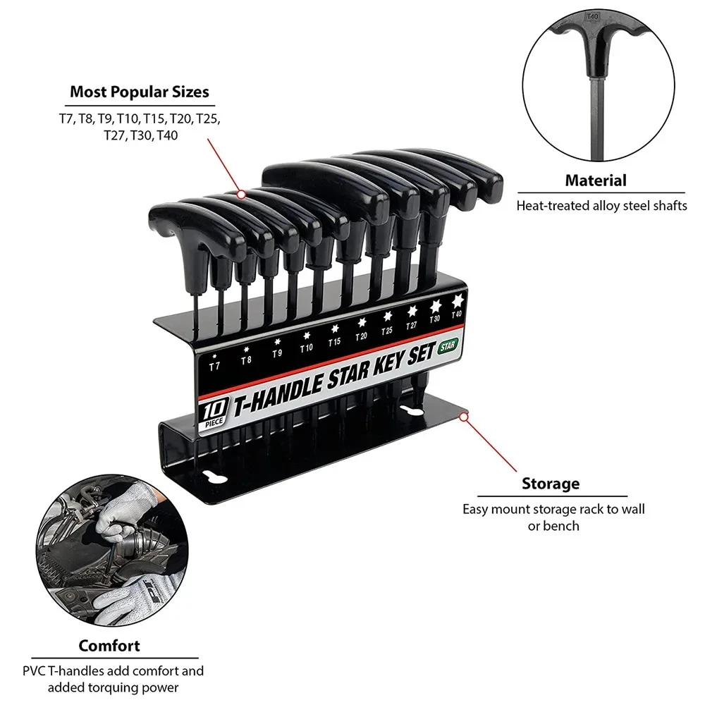 10pcs Metric or Inch T-Handle Hex Key Allen Wrench Tool Set or Star T-Handle Hex Key Set with Convenient Storage Stand