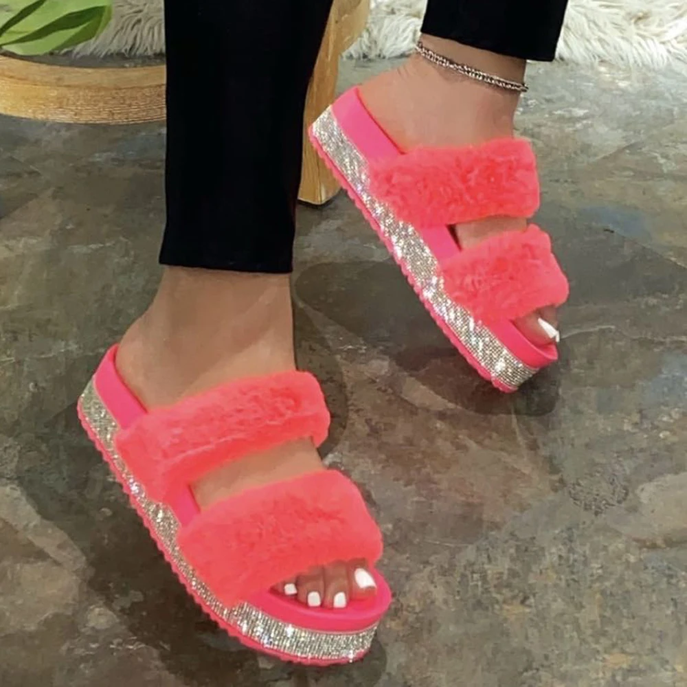 Summer Slippers Woman Faux Fur Slides Rhinestone Furry Pink Shoes Pantufas De Pelucia De Bi Fluffy Sliders Plush Slippers