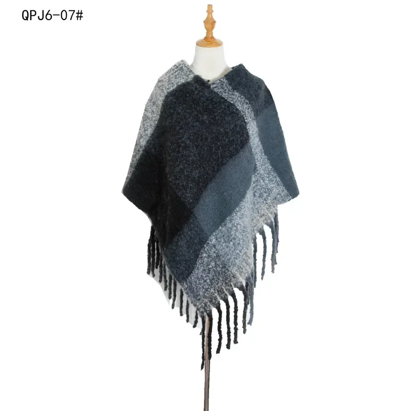 Europe United States 2022 new Autumn Winter Women's Shawl Coarse Tassel Loop Yarn Large Lattice Warm Capes Lady Ponchos Blue