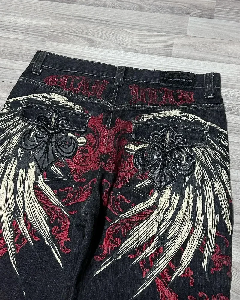 Gothic Hip-hop Wings Oversized Pattern Printed Baggy Denim Shorts for Men 2000s Summer New Fashion High Street Popular Y2k Pants