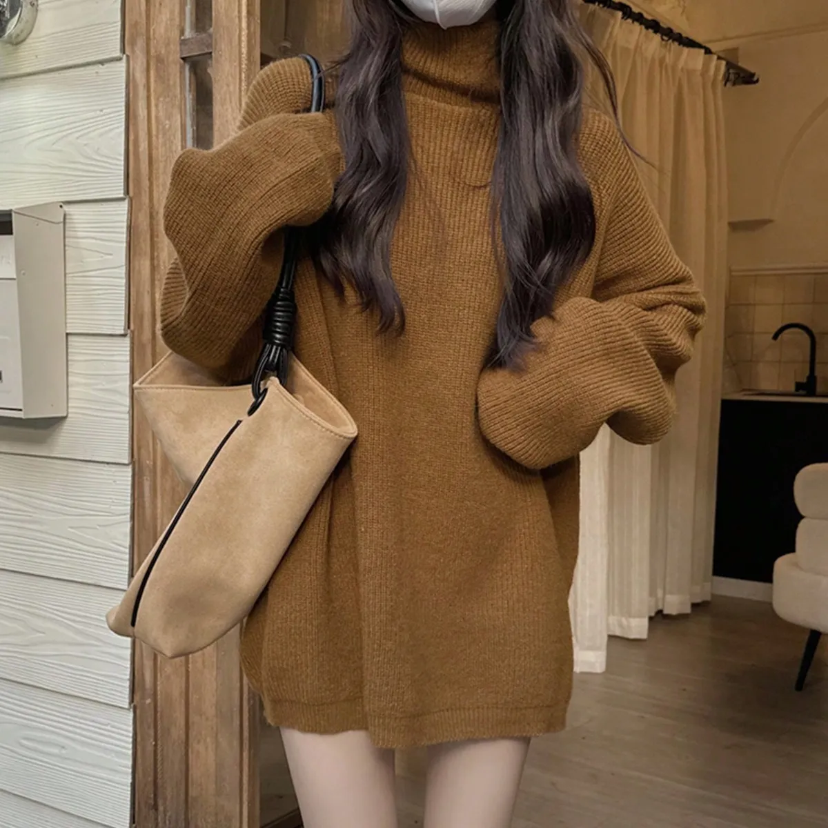 Korean Chic Autumn and Winter Sexys Retro Lazy Knitted Tops Missing Loose Mid-Length High Collar Individual Women