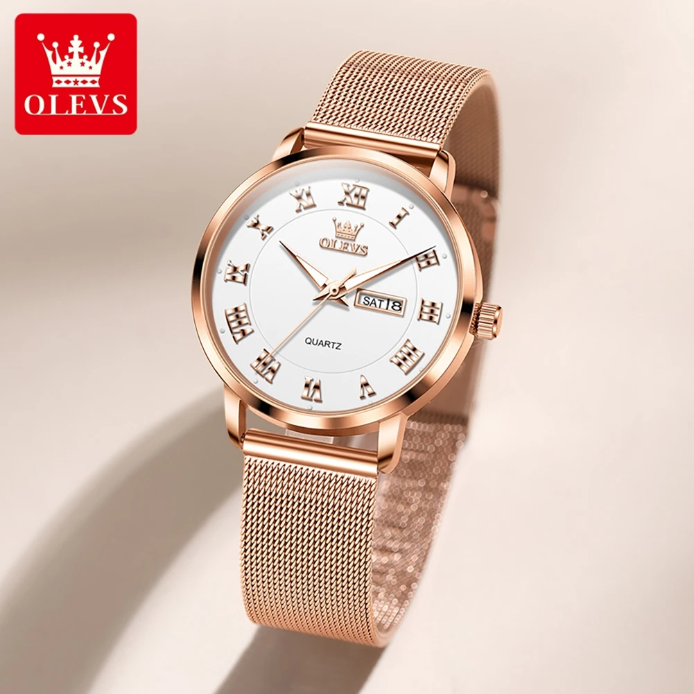 OLEVS 2920 Elegance Quartz Movement Watch For Men Women Milanese Steel Strap Luminous Waterproof Fashion Week Date Watch