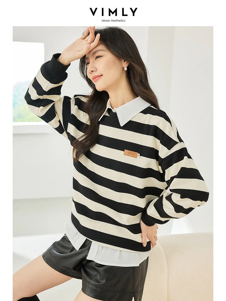 Vimly Contrast Striped Sweatshirt Female O-neck Pullover Long Sleeve Top 2023 New Casual Loose Cotton Winter Clothes Women M3752