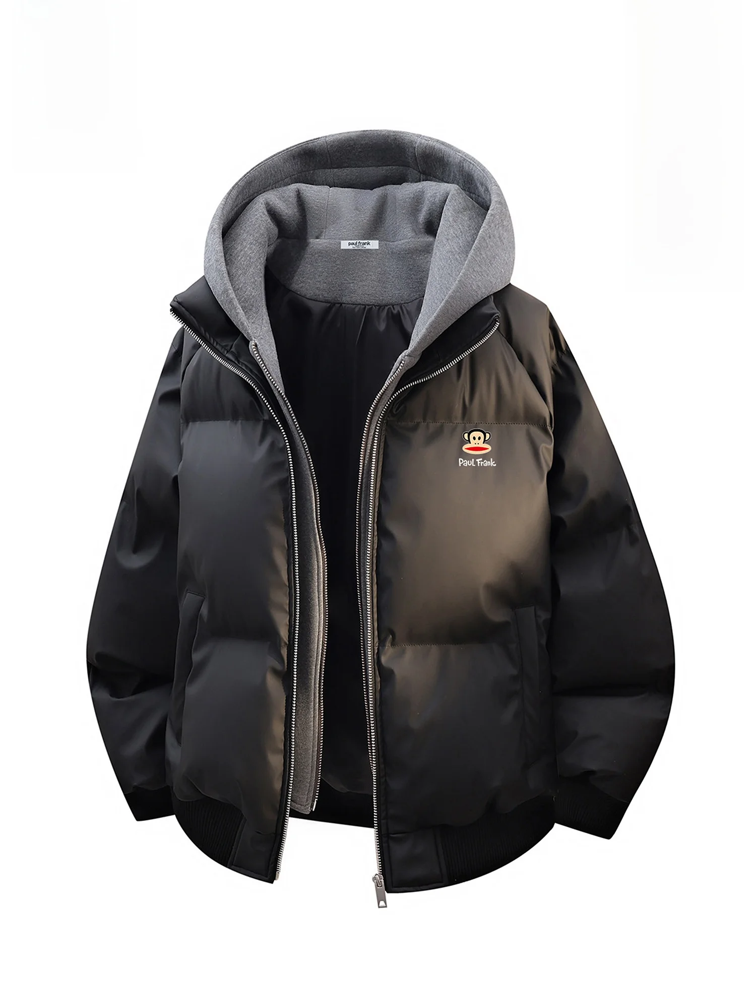 

PaulFrank Large Mouth Monkey Fake Two-Piece Hooded Thiened Cotton Jaet Men's Winter New Loose Bread Sle Warm Coat