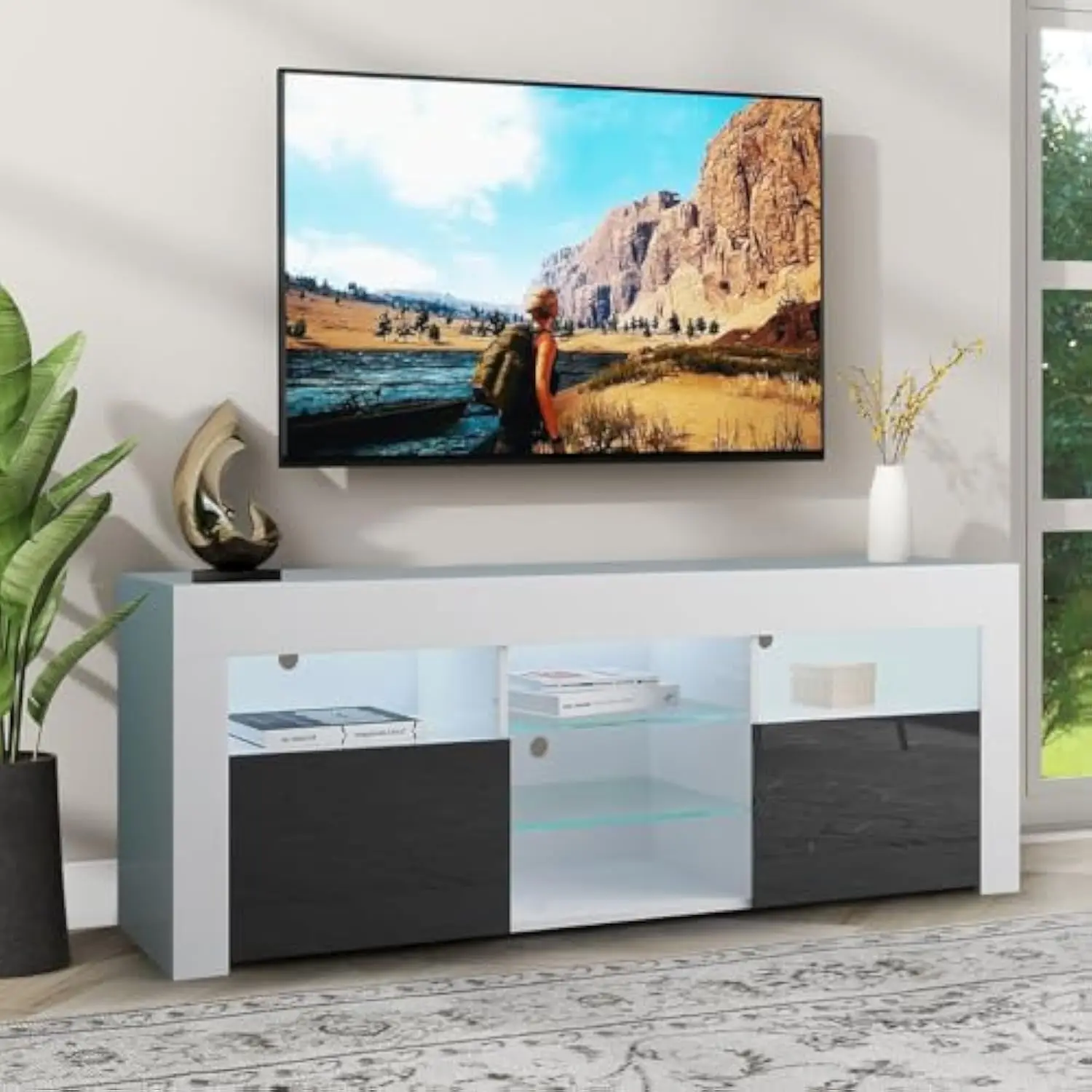 Светодиодная подставка для телевизоров с диагональю до 65 дюймов, современный глянцевый развлекательный центр со стеклянной полкой, ТВ-консоль со светодиодной подсветкой для Li