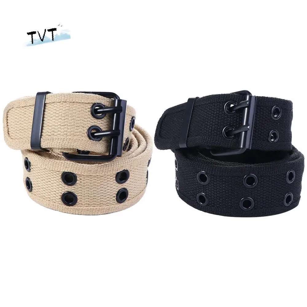 

Hollow Double Breasted Metal Buckle Belt Accessories Korean Waist Strap Man Waistband Canvas Waist Belt Double Grommet Hole