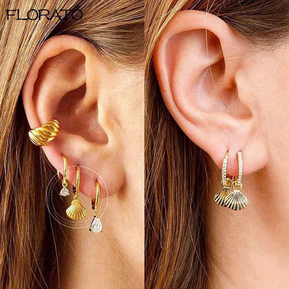 925 Sterling Silver Needle Hypoallergenic Gold-color Hoop Earrings for Women New Shell Pendants Earrings Fashion Jewelry Gifts