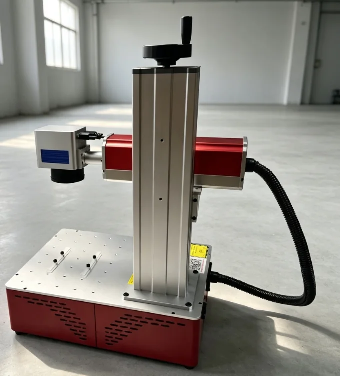 Red model desktop 20/30/50W fiber laser marking machine with rotary axis and driver, used for stainless steel marking