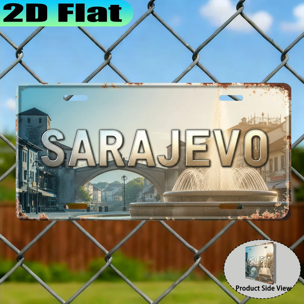 HD Aluminum Metal Sign, Sarajevo Bosnia and Herzegovina Vintage License Plate Style Wall Decor, Retro City Fountain Bridge Lands