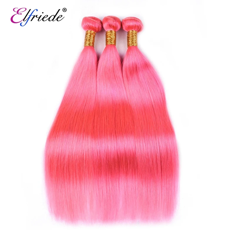 Elfriade-mechones de cabello humano liso con encaje Frontal, mechones de color rosa, brasileño, tramas cosidas, 3 mechones, 13x4