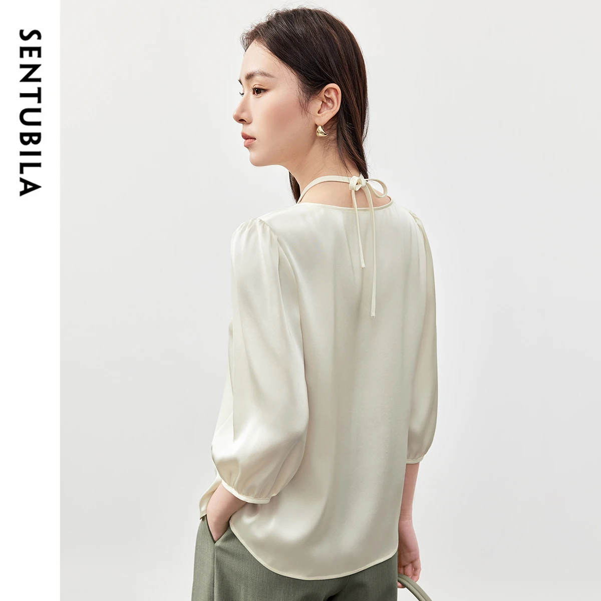 SENTUBILA Satin Women Blouse 2025 Spring Chiffon Commute Lace Up V Neck Hollow Three Quarter Puff Sleeve Shirts 151V58360
