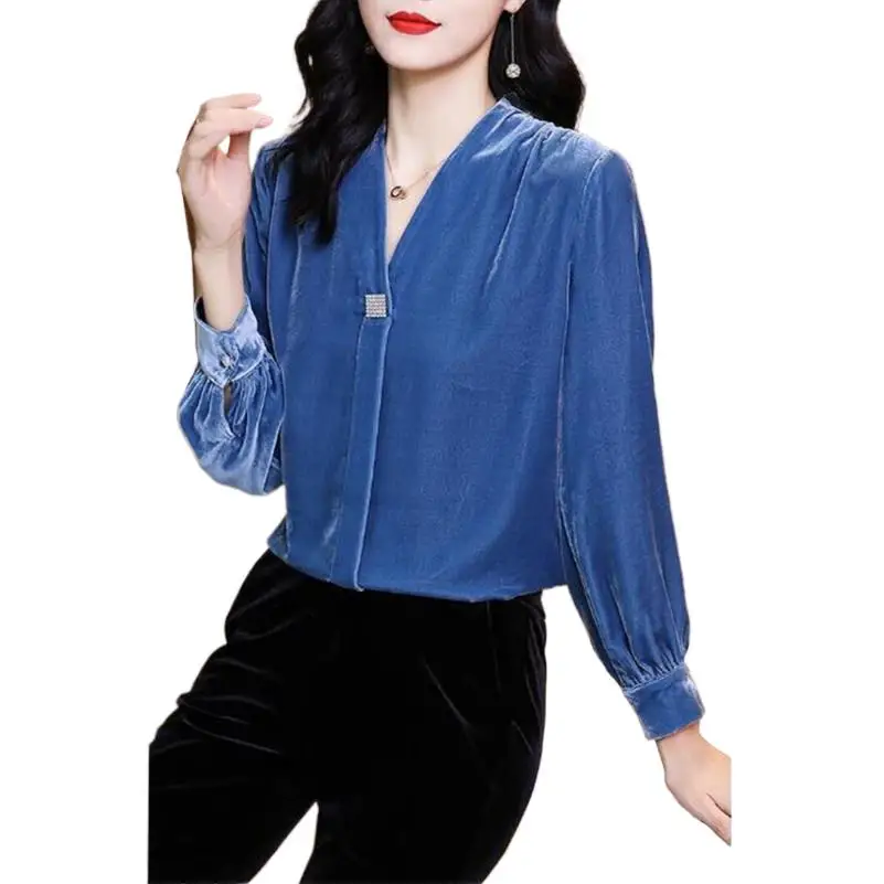 

Autumn Velvet Warm Tops Winter New Women V-neck Brooch Pullovers Blusas Elegantes Fashion Korean Style Long Sleeve Loose Tops