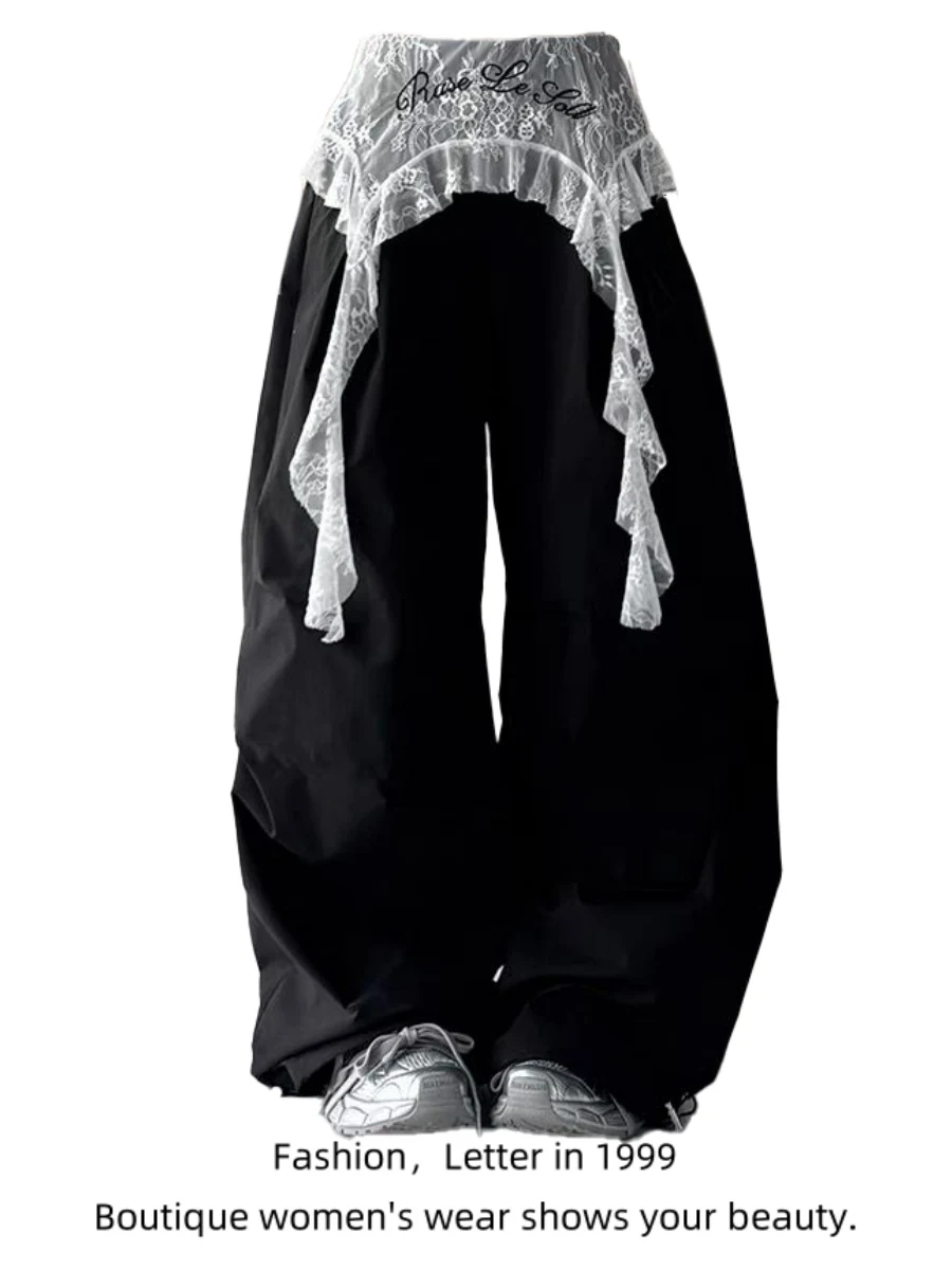 กางเกงขายาวทรงตรงสไตล์ลำลองสำหรับผู้หญิง ผ้าบางเบา เหมาะสำหรับฤดูร้อน แต่งผ้าลูกไม้แบบอเมริกัน ทรงขากว้าง สไตล์ชุดทำงาน