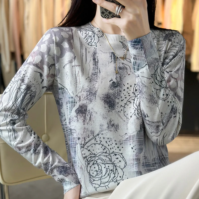 Spring 2024 new mulberry silk ink-painted crew-neck sweater for women Graffiti crew-neck wool knit pullover jacket for women